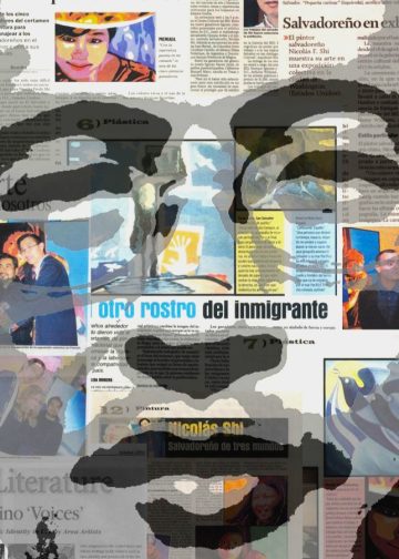 migrantes centroamericanos nicolas shi artista salvadoreño de familia china en washington dc usa feature image – SoyMigrante.com REVISTA Abstract collage of newspaper clippings, colorful portraits, and dark shapes conveying immigrant art and culture.
