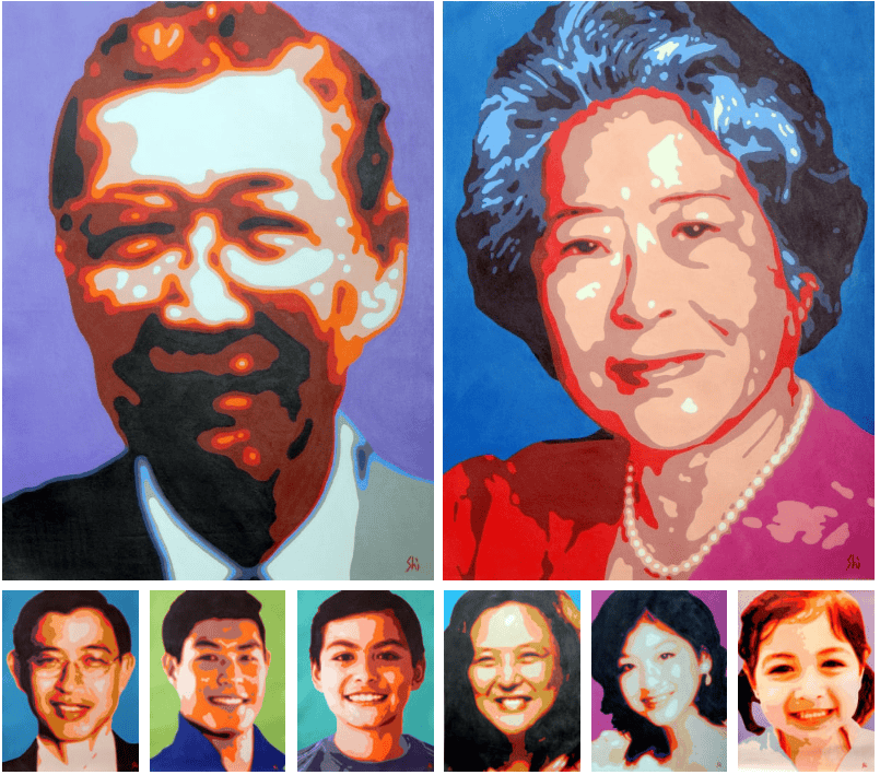 Nicolas Shi efectuó un homenaje a las generaciones migrantes de su familia: sus padres, hermanos y sus hijos. Su técnica, derivada del pop art, aprovecha la textura de sobreexposición digital para crear un efecto de trascendencia. Pintura de Nicolás Shi.