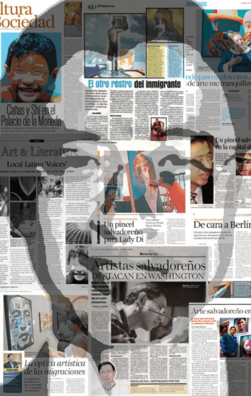 A través de múltiples técnicas, Nicolas Shi eleva la inspiración en favor de la ruptura de estereotipos y la dignificación de los migrantes. Collage y pintura de Nicolas Shi, artista salvadoreño de raíz china en Washington DC