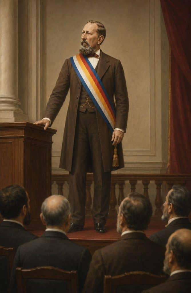 Después del corto período provisional del conservador y comerciante Pedro de Aycinena, fue nombrado presidente Vicente Cerna, según la voluntad expresa del gobernante vitalicio Rafael Carrera, poco antes de morir. (Ilustración IA elaborada con base en retrato histórico)