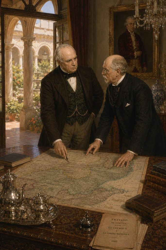 Como canciller y representante del gobierno de Rafael Carrera, Pedro de Aycinena negoció el tratado con el enviado inglés Charles Lennox Wyke, el cual fijó un límite para los colonos ingleses para explotar madera, aunque sin que ello implicara soberanía. Todo ello a cambio de una carretera desde Belice a la capital de Guatemala, que nunca se construyó. (Imagen generada con IA a partir de fotos inglesas de Aycinena y Wyke)