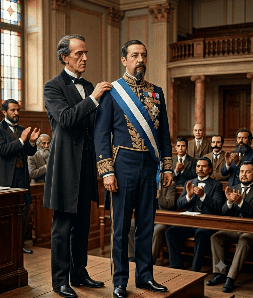 Justo Rufino Barrios asume el poder el 4 de junio de 1873, al suceder a Miguel García Granados. Aquel día asistió a un Te Deum (ceremonia de acción de gracias) en la Catedral aunque posteriormente emprendió la expropiación de bienes religiosos y expulsión de órdenes. (Ilustración IA con base en retratos históricos)