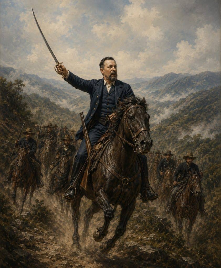 El general Justo Rufino Barrios, terrateniente originario de San Marcos fue el principal estratega militar de la Revolución Liberal de 1871, un alzamiento que denunciaba la dictadura conservadora de Rafael Carrera y Vicente Cerna. Sin embargo, Barrios también terminó convertido en dictador. (Ilustración elaborada con base en un retrato histórico de Justo Rufino BArrios)