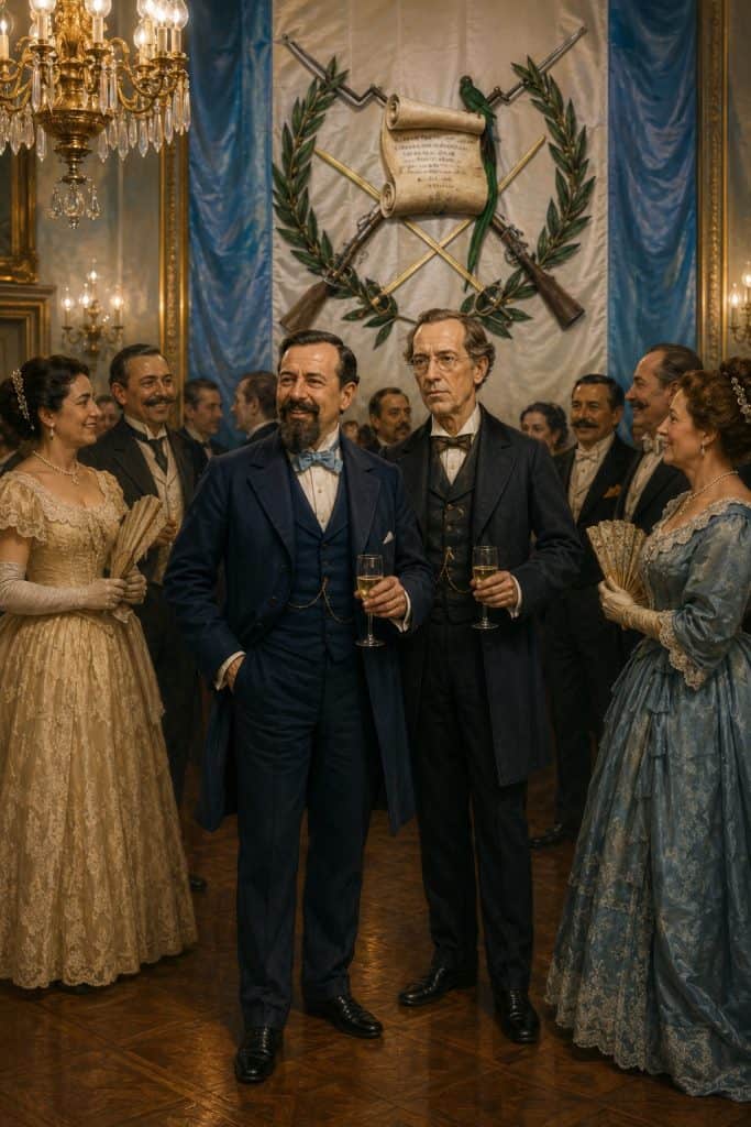 En septiembre de 1871 se conmemoraban los 50 años de la Independencia de Guatemala. En el salón de una recepción hubo un decorado hecho con ramas de laurel, fusiles, sables y un acta que decía: Libertad 15 de septiembre de 1821, con un Quetzal disecado posado. El concepto agradó mucho al presidente García Granados y a Justo Rufino Barrios. El 17 de agosto se decretó la Bandera con tres franjas azul y blanco y en noviembre, aquel arreglo (hecho por el suizo Juan Bautista Frener) pasé a ser el Escudo Nacional. (Ilustración IA simbólica de la recepción, basada en retratos históricos)