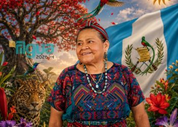 Portrait of a smiling indigenous Guatemalan woman in a colorful traditional outfit, with a Guatemalan flag and vibrant tropical flowers in the scene, plus a jaguar nearby.