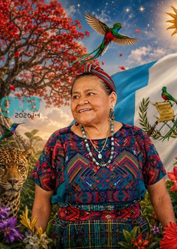 Portrait of a smiling indigenous Guatemalan woman in a colorful traditional outfit, with a Guatemalan flag and vibrant tropical flowers in the scene, plus a jaguar nearby.