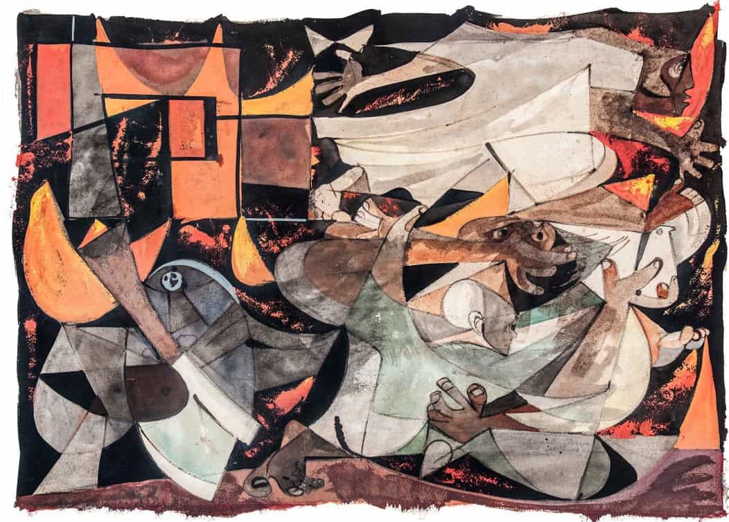 Abstract cubist painting with overlapping human/animal shapes in orange, brown, and black, conveying chaos and motion.