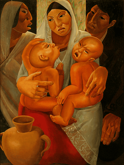 La transformación artística va ocurriendo a través de colores fuertes, líneas más definidas, expresiones dramáticas y temática social que se reforzó con la Revolución de 1944. Pintura de Roberto Ossaye.