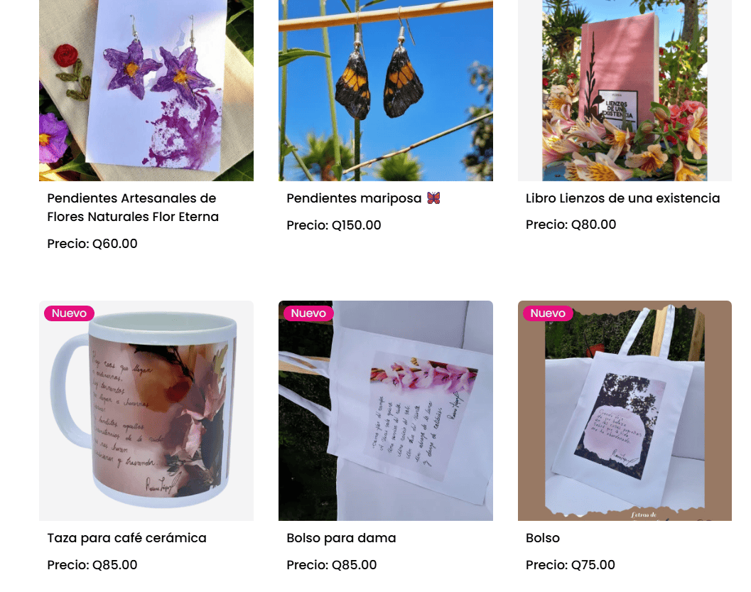 Pocillos con poesía, bolsas con mensaje, el libro de poemas de Roxana López, aretes de mariposa o flores: una gama de creatividad e identidad maya sipakapense por Roxana López. Visita su tienda digital en MERCADO, admira, elige y apoya.