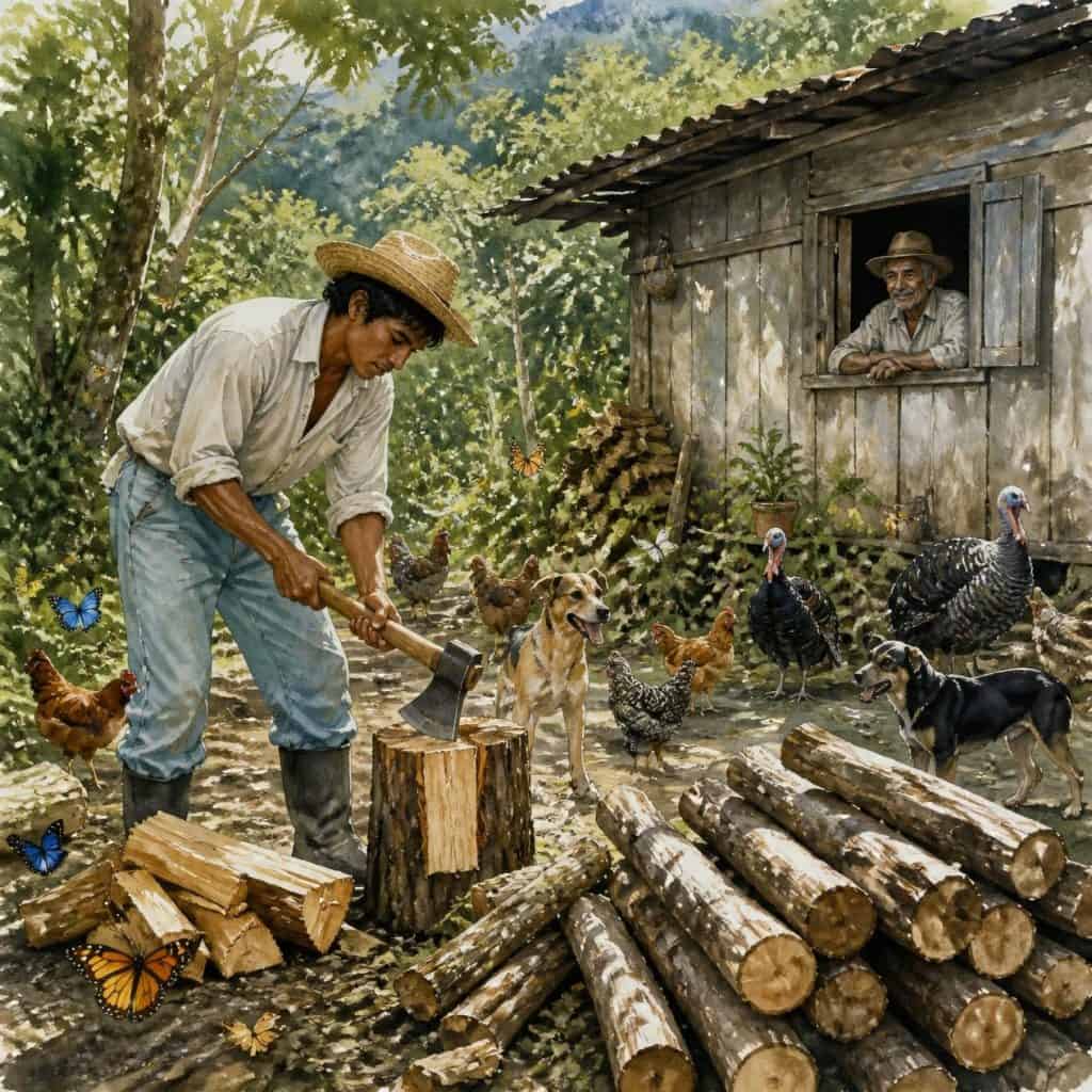 Para agradecer la hospitalidad, Jorge se puso a cortar leña. El anciano tenía muchos troncos sin partir, así que estuvo desde la mañana hasta el mediodía haciendo ese trabajo. Aquel lugar era muy agradable, había animales de granja y aunque trabajó bastante no se cansó.