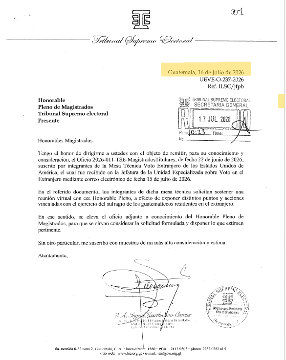 El oficio de la Unidad para el Voto en el Extranjero para comunicar la solicitud a los magistrados de TSE fue emitido hasta el 16 de julio de 2022.