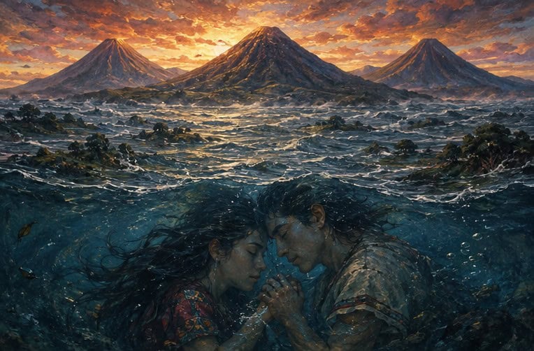 Al pie de los tres volcanes se formó un lago hermoso porque nació de un gran amor: pero en las tardes. Los ríos desaparecieron pero en las tardes se acuerdan de lo que hicieron y agitan la superficie. Las aguas nunca olvidaron a los dos enamorados.