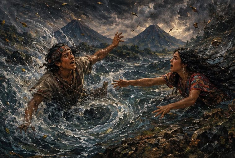 Los ríos enfurecidos arrastraron al joven con todas sus fuerzas. Chuumiil no quiso dejarlo sin ayuda y lo agarró de la mano: fueron arrastrados los dos.