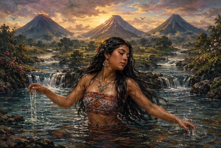 La hija del rey llegaba a bañarse en las aguas de los tres ríos, que se enamoraron de su belleza y todos decían ser sus pretendientes.