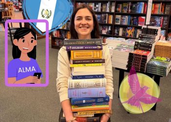 Smiling woman in a bookstore holding a tall stack of colorful books, with decorative cartoon overlays (heart, girl, bird) in the foreground.