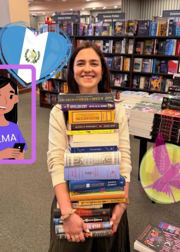 Smiling woman in a bookstore holding a tall stack of colorful books, with decorative cartoon overlays (heart, girl, bird) in the foreground.