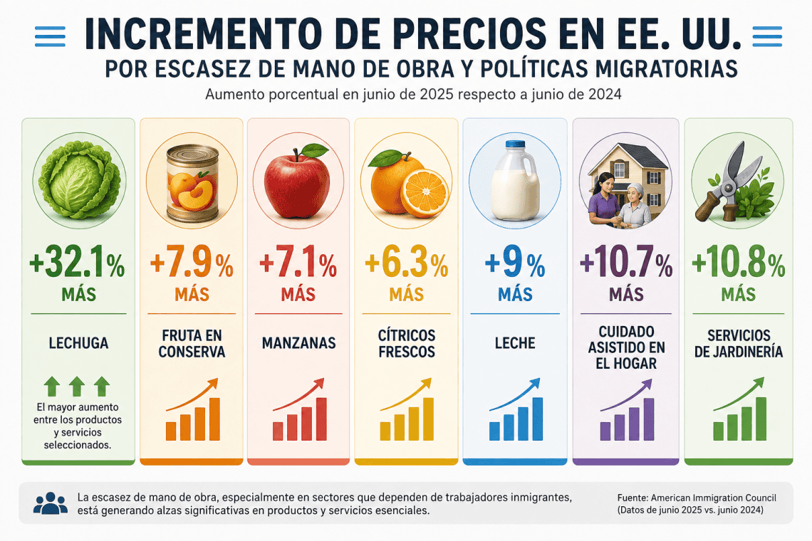 Infographic mostrando aumentos porcentuales de precios de productos y servicios esenciales por escasez de mano de obra: siete tarjetas verticales con Lechuga +32.1%, Fruta en conserva +7.9%, Manzanas +7.1%, Cítricos frescos +6.3%, Leche +9%, Cuidado asistido en el hogar +10.7%, Servicios de jardinería +10.8%.