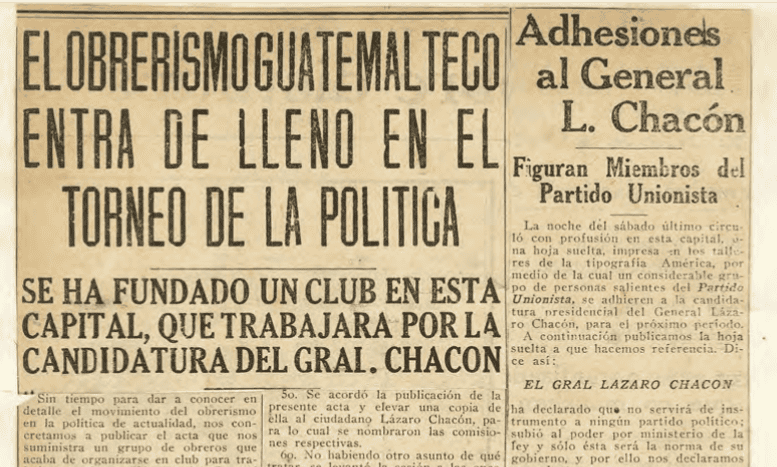 Recortes de Prensa de 1926, cuando se impulsaba la candidatura presidencial del mandatario interino general Lázaro Chacón. Su rival electoral era el general Jorge Ubico. Chacón ganó con el 88% de votos. Los ubiquistas reclamaron un fraude, pero Ubico se negó a cualquier movimiento militar para tomar el poder por la fuerza. (Imágenes archivo Cirma. Para ir al álbum completo, clic en la imagen)