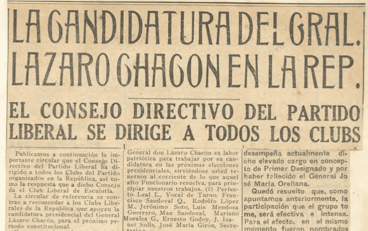 Newspaper headline announcing General Lázaro Chacón's candidacy in La República (political news).