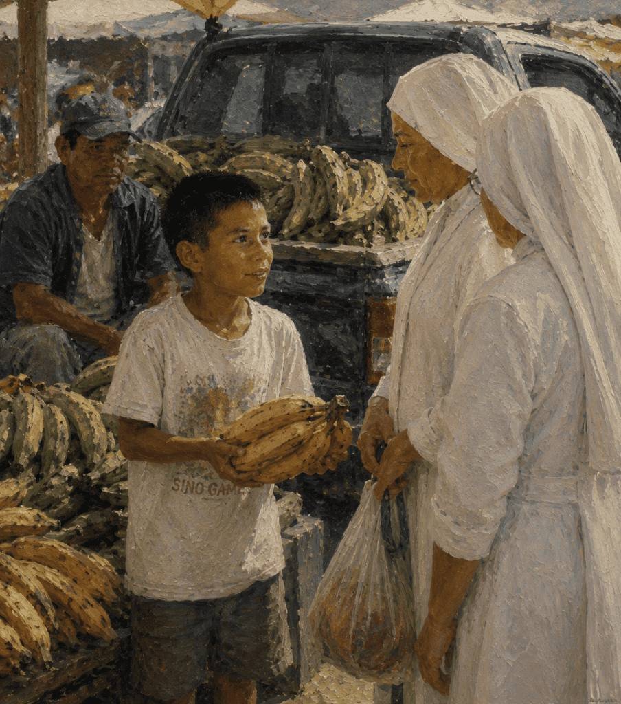 Boy hands a bunch of bananas to two women in white robes at a street market, with a banana-filled pickup in the background.