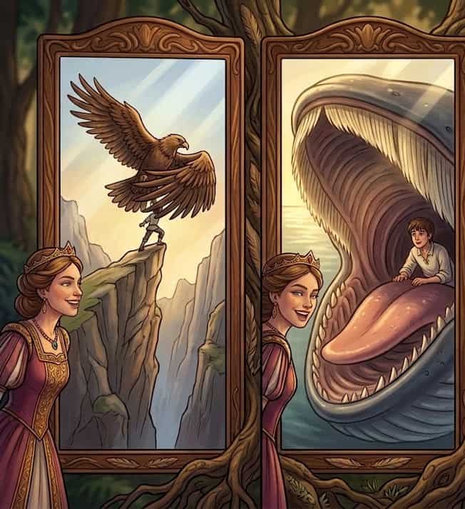 El espejo de la princesa podría descubrir a cualquier persona aunque estuviera escondida... y en los dos primeros intentos, logró ver donde estaba el joven.