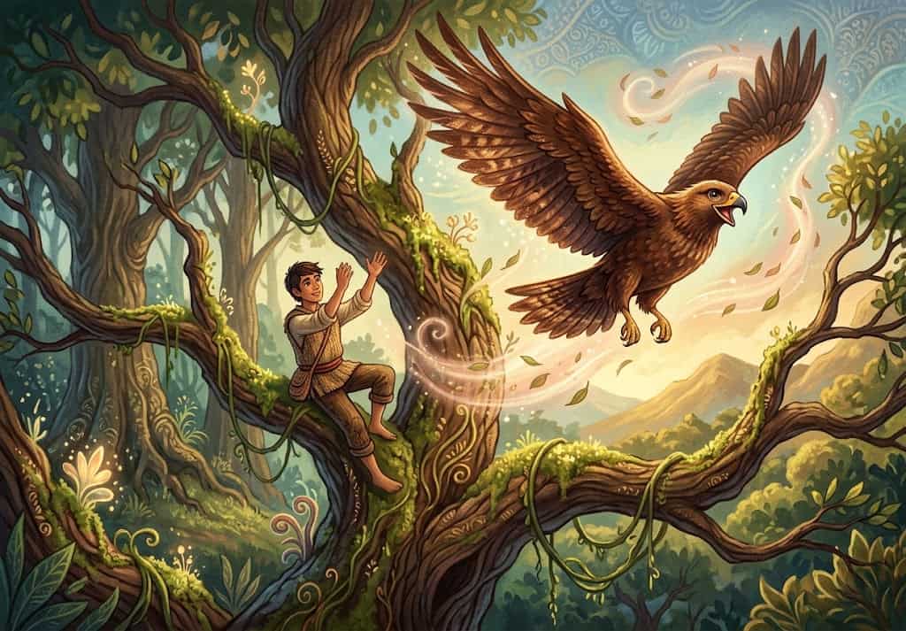 El joven trepó al árbol y empezó a desenredar al aguilucho hasta que por fin quedó libre. Estre regresó para agradecerle..
