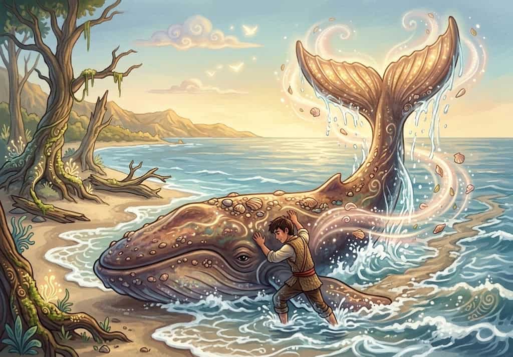 Aunque sabía que podría significar un gran esfuerzo, el joven ayudó a la ballena que había encallado a moverse hacia el agua. De otra manera ella habría muerto.. pero cuando logró volver al mar, ella le agradeció y le dijo que cuando necesitara su ayuda que la llamara: