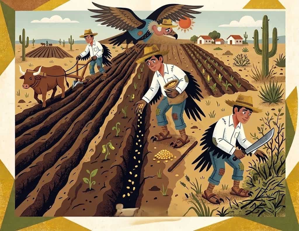 El hombre que antes fue zopilote se dedicó a trabajar y disfrutaba mucho la comida cuando llegaba la hora del almuerzo. Mientras tanto, el zopilote, que antes fue hombre, quería volver a su forma humana, pero ya no se pudo.