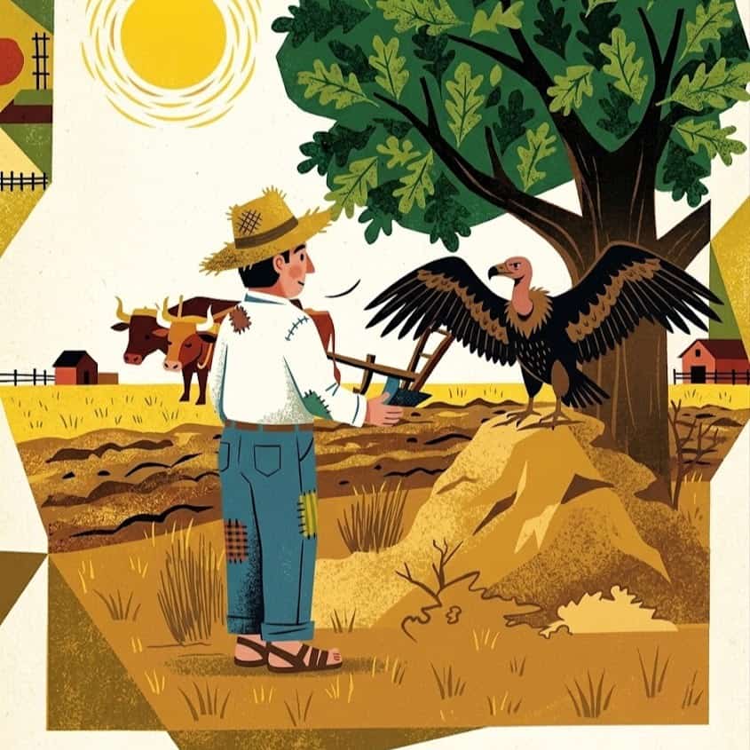 El hombre haragán le propuso al zopilote cambiar de lugares: él quería volar libre sin trabajar y en su lugar, el zopilote trabajaría en el campo bajo el sol. El zopilote aceptó.