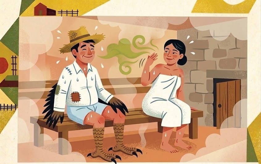 Man in a straw hat and patched clothing sits with a woman in a towel on a bench, steam rising in a rustic outdoor sauna by a stone wall.