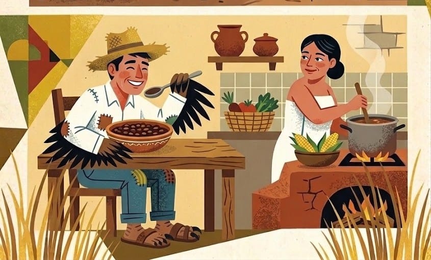 Despues la esposa sirvió la cena: era sencilla pero el hombre (que antes había sido zopilote) la disfrutó muchísimo y para eso solo había tenido que trabajar en el campo.