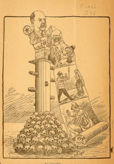A pesar de la represión, surgían publicaciones que criticaban los métodos violentos y represivos del dictador Manuel Estrada Cabrera. Esta caricatura de 1915 es una de esas expresiones, que usualmente eran respondidas con persecución a los autores.