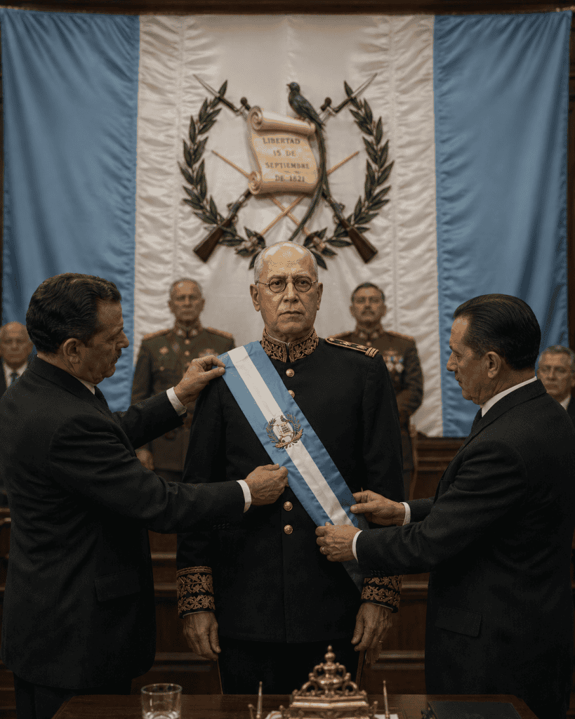 El movimiento militar liderado por el general Manuel Orellana habría tenido como objetivo que se nombrara como presidente al Primer Designado, el general Mauro de León, sin embargo este murió durante los enfrentamientos entre golpistas y fuerzas militares gubernamentales. Así que tras deliberar y votar entre tres aspirantes, la Asamblea nombró presidente provisional al general Manuel Orellana. (Ilustración IA hecha con base en retratos históricos)