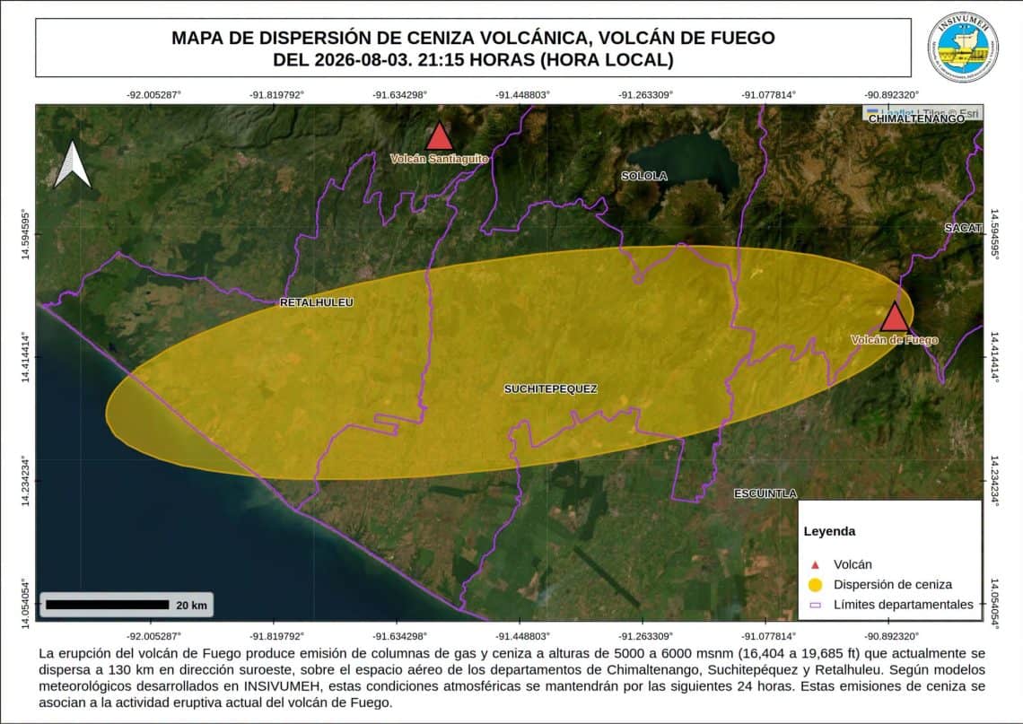 Mapa de dispersión de material volcánico, esencialmente arena, creado por el Instituto de sismología, vulcanología, meteorología e hidroogía de Guatemala, Insivumeh.