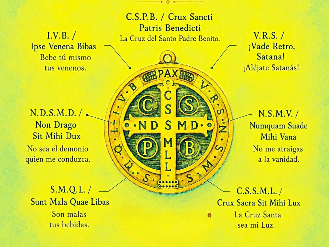 La cruz y las letras del anverso de la medalla de San Benito