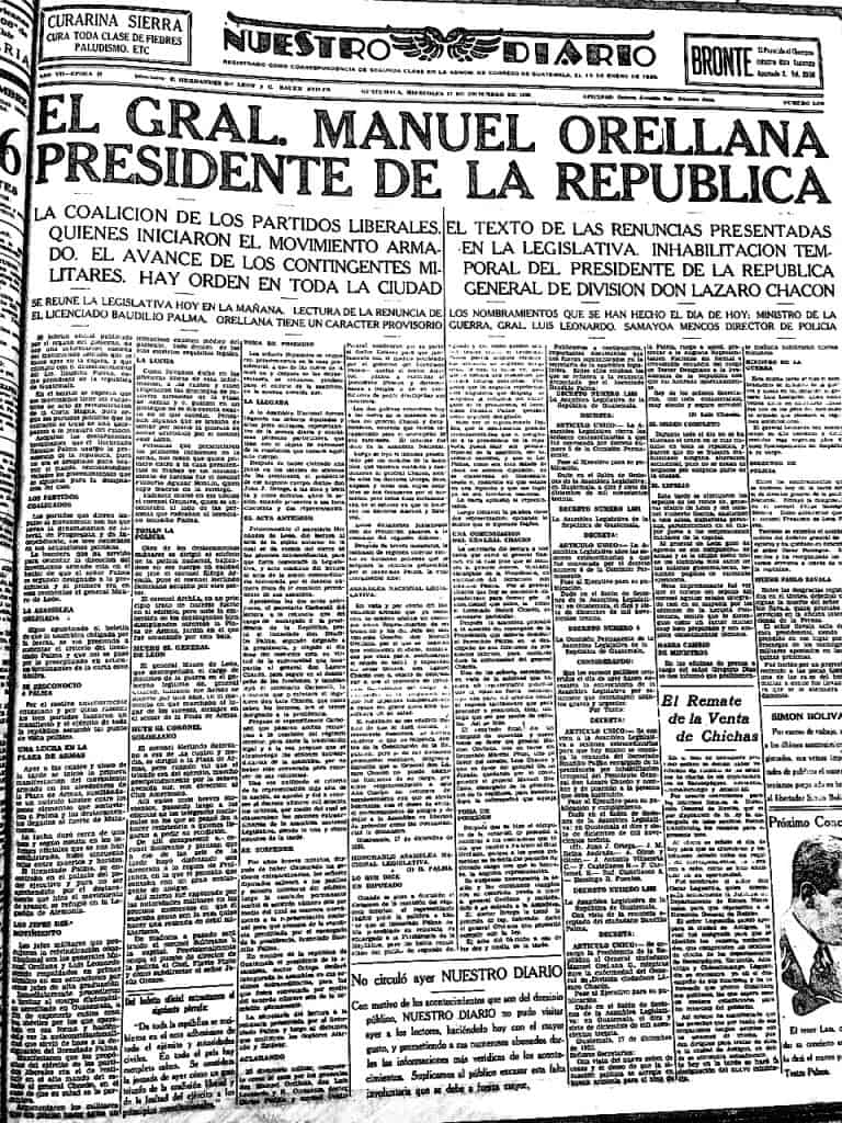 En su edición del 17 de diciembre de 1930, el periódico Nuestro Diario publicó el relato del enfrentamiento entre fuerzas militares leales a Baudilio Palma y los comandados por el general Manuel Orellana, quien al final obligó al primero a renunciar y después fue nombrado presidente provisional.