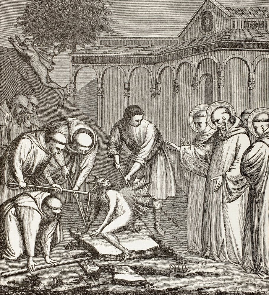 Antiguo grabado que representa el momento en que San Benito ahuyenta a un demonio que no dejaba construir una capilla.