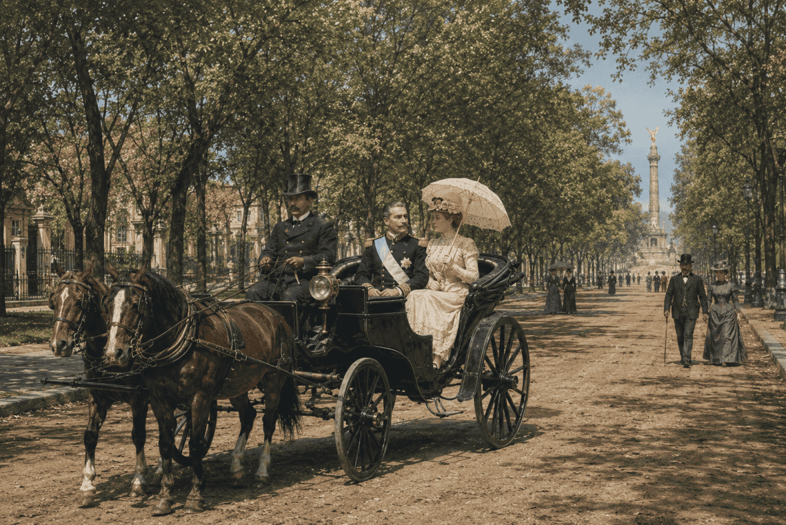 En e Paseo 30 de Junio, hoy avenida La Reforma, transitaron los primeros vehículos a motor que llegaron a Guatemala. El recorrido habitual era en carrozas tiradas por caballos. (Ilustracion IA con base en fotos históricas)