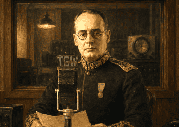 Older man in an ornate military uniform sits at a desk behind a vintage broadcast microphone, reading a sheet of paper.