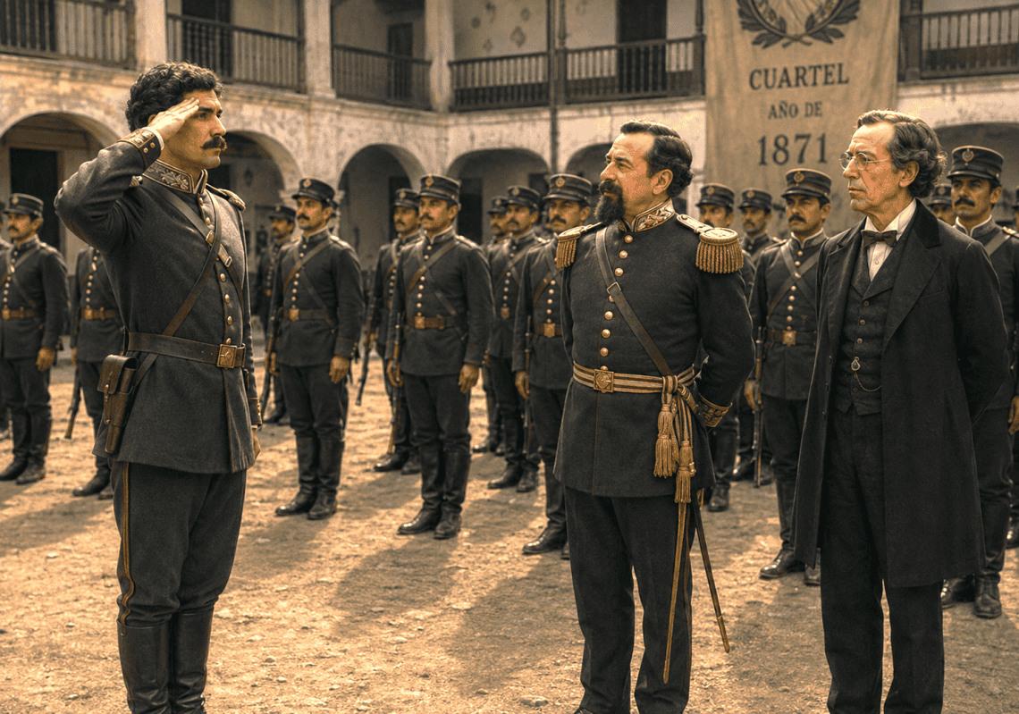 Manuel Lisandro Barillas fue ascendido a capitán cuando triunfó la Revolución Liberal de 1871 en la que peleó al lado de Justo Rufino Barrios y Miguel García Granados. Cuando Barrios era presidente, lo nombró jefe político y comandante de Armas de Quetzaltenango, así como Segundo Designado a la Presidencia. (Ilustración IA basada en retratos históricos)