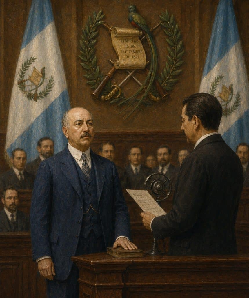 Carlos Herrera Luna fue juramentado como presidente de la República el 8 de abril de 1920, cuando el dictador Manuel Estrada Cabrera fue declarado mentalmente incapacitado por la Asamblea Nacional. Cabrera se resistió hasta su renuncia el 14 de abril. Herrera Luna intentó unir esfuerzos, pero le impusieron un gabinete de unionistas y de exfuncionarios de la dictadura. (Ilustración IA sobre su juramentación, basada en un retrato histórico)