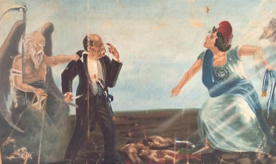 Las expresiones de protesta tuvieron muchas formas: esta es una pintura alegórica en la cual la Patria Guatemala (vestida con el simbolismo de la libertad) le arrebata la banda presidencial al dictador, le muestra a sus hijos muertos por su ambición y el tiempo le impide a Estrada Cabrera poder seguir adelante. Nótese el dedo manchado de sangre. (Se recreó con IA una versión de esta pintura como imagen de portada de este reportaje)