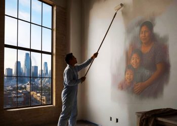 A painter applies a mural of a mother and two children on an interior wall, with a city skyline visible through a large window to the left.
