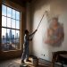 A painter applies a mural of a mother and two children on an interior wall, with a city skyline visible through a large window to the left.