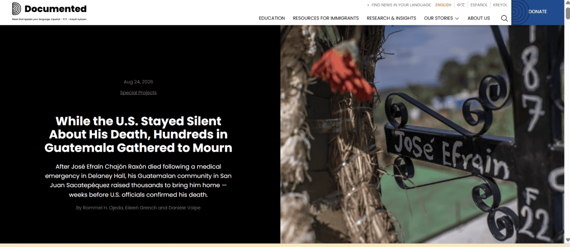 Two-column hero: left side shows a black panel with the article headline about Guatemalan mourners, right side displays a wrought-iron gate with flowers and a name plaque.