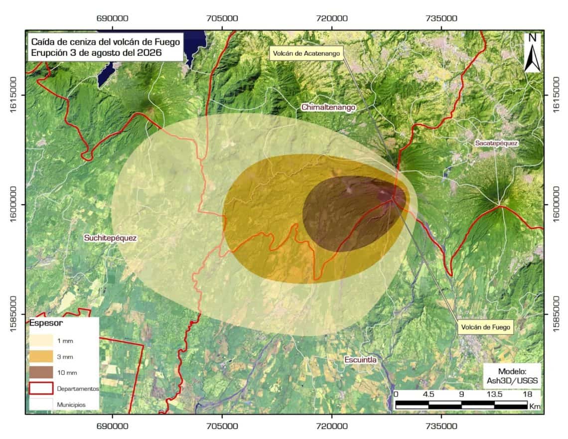 Regiones en las que se prevé caída de material volcánico y ceniza del volcán de Fuego. La zona café es la más afectada, luego la región en café claro tendrá un efecto medio y en la región sombreada con un tono más claro solo habrá caída leve de ceniza. Este panorama se trazó la tarde del 3 de junio y podría cambiar según la dirección del viento o si aumenta la intensidad de la actividad del volcán.