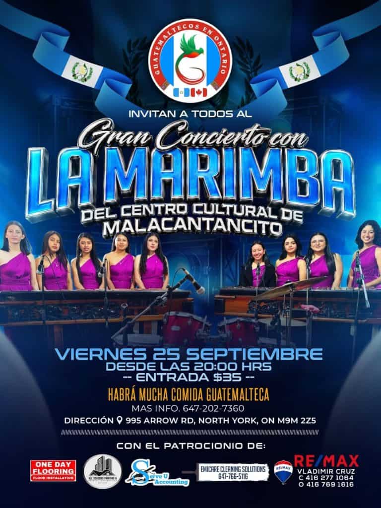 Afiche del concierto de la Marimba Femenina de Malacatancito, el 25 de septiembre en Ontario, Canadá.