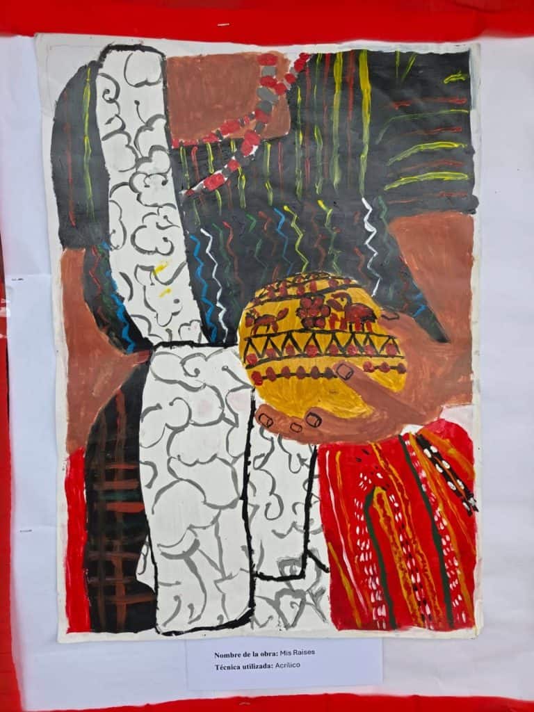 Abstract painting: a hand holds a yellow patterned bowl in the center, with a dark background and colorful lines, framed by white and red borders.