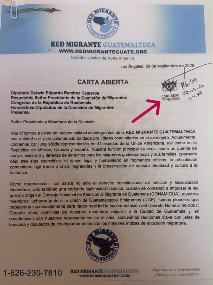 La carta abierta de la Red Migrante Guatemalteca fue entregada físicamente el lunes 28 de septiembre y tiene acuse de recibido También se envió digitalmente – SoyMigrante.com REVISTA – SoyMigrante.com REVISTA Open letter from RED MIGRANTE GUATEMALTECA with blue header and round logo, addressed to Guatemala’s Congress, featuring a stamp and handwritten notes.