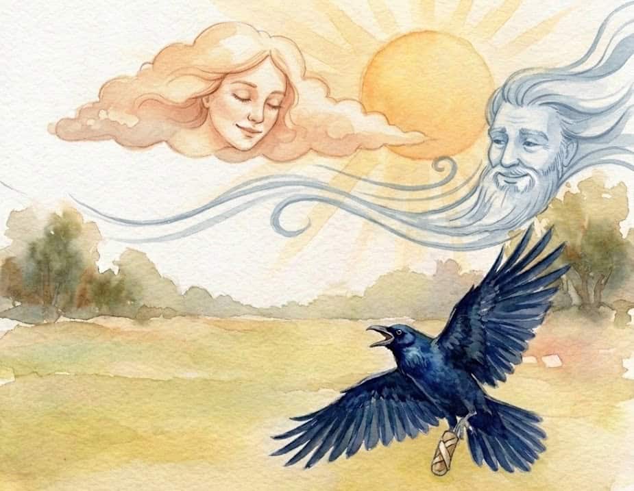 Dreamy watercolor scene: a crow with a ballet shoe on one leg flies over a sunlit field under sun and smiling cloud-faces in the sky, birds-eye view.